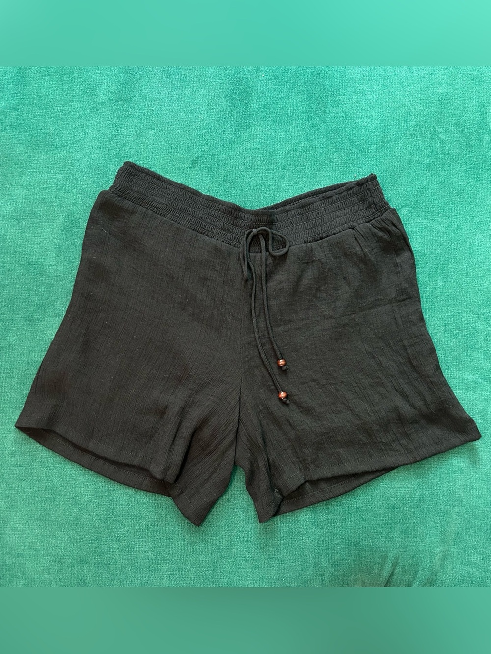 Black Lounge Shorts Sz S Elastic Waist Beach Resort Coastal Wood Bead Detail